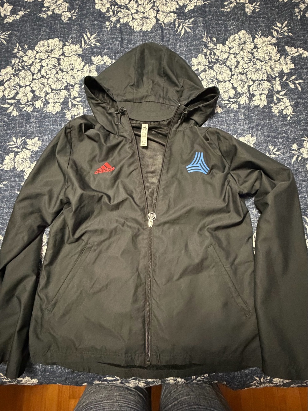 adidas Black Hooded Windbreaker with Red and Blue Logos